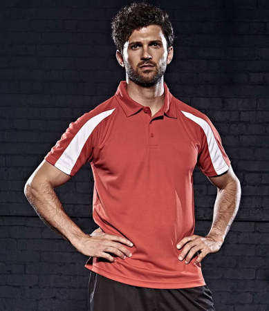 Model Polo - Tricou polo sport pentru barbati, cu insertii de culoare contrastanta pe maneci, rosu cu dungi albe