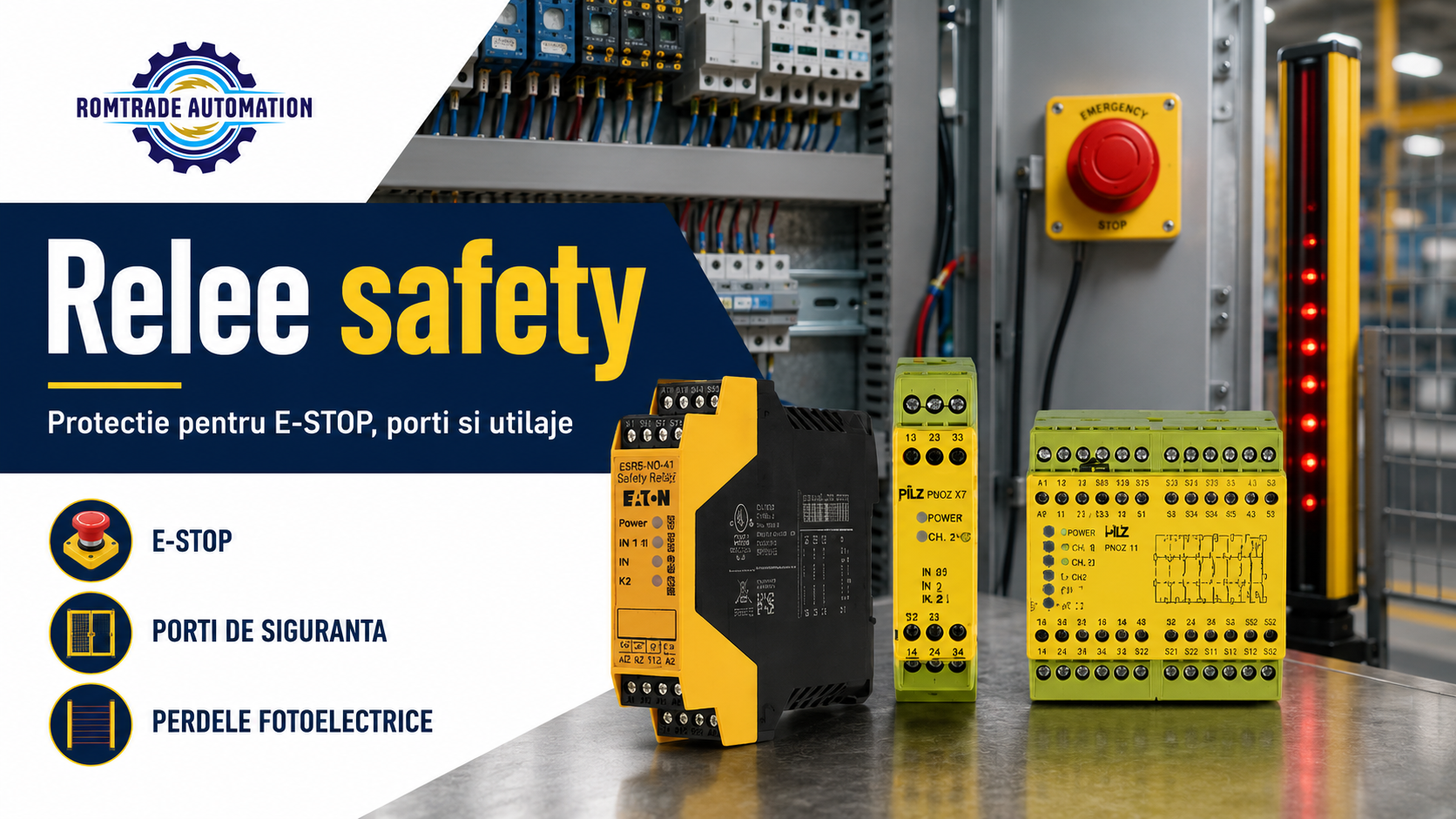 Relee safety pentru utilaje industriale: cum protejezi operatorii cu E-STOP, porți de siguranță și bariere optice