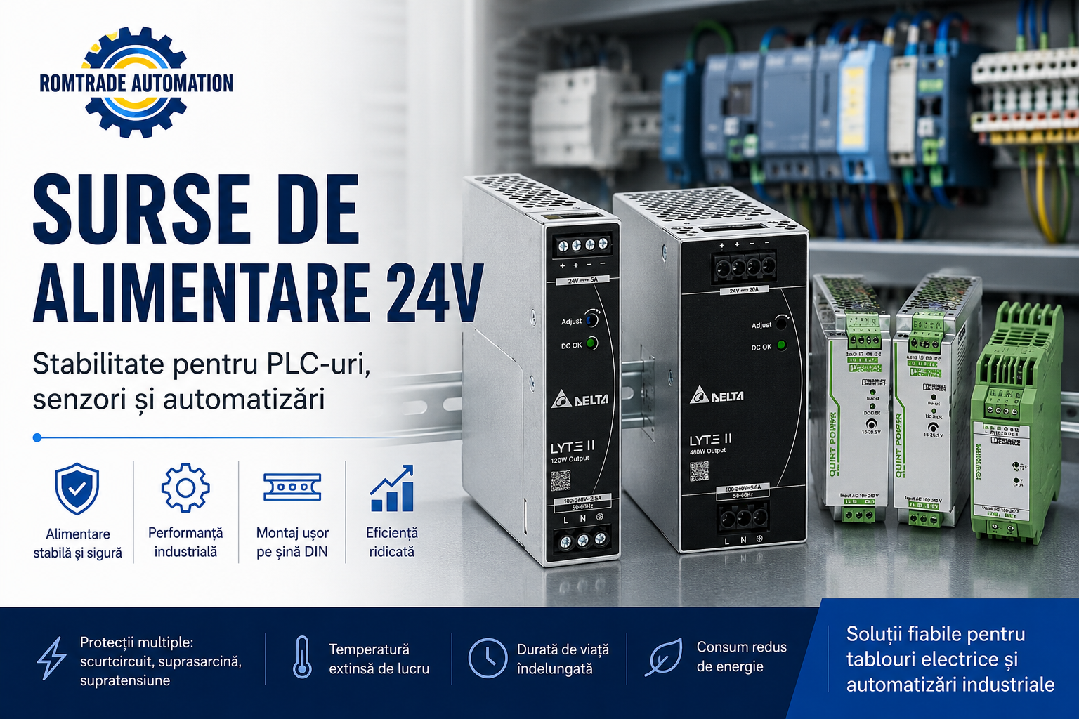 Surse de alimentare 24V: de ce sunt esentiale pentru tablouri electrice, PLC-uri si senzori