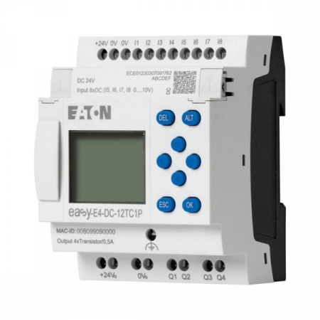 PLC - EASY-E4-DC-12TC1P, Releu de control easyE4, display, 24V DC, 8 intrari, 4 iesiri tranzistor, terminale Push-in