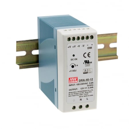 Surse de alimentare - DRA-40-12, Sursa de alimentare, 12 V, 3.34 A, 40.08 W, monofazata, montaj sina DIN, carcasa plastic