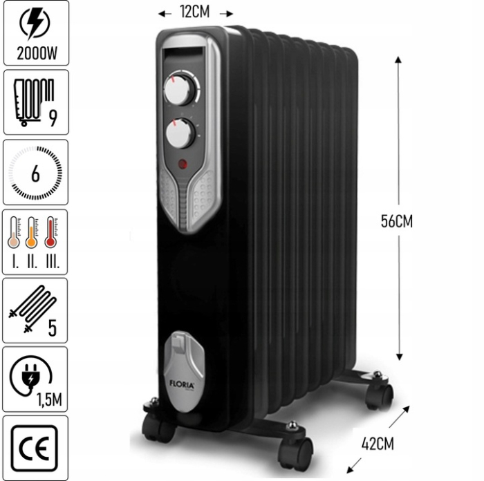 Calorifer electric Floria ZLN3659,Negru 2000 W, 9 elementi, 3 trepte de putere, Termostat reglabil, Protectie supra-incalzire, Indicator luminos,  [9]