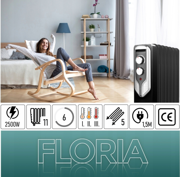 Calorifer electric Floria ZLN3666,Negru 2500 W, 11 elementi, 3 trepte de putere, Termostat reglabil, Protectie supra-incalzire, Indicator luminos,  [10]