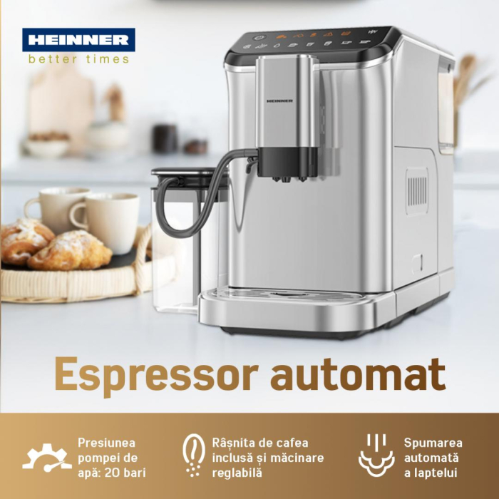 Espressor automat Heinner Genesis HEMA-D20DGREY, 1350W, 20 bar, recipient lapte, capacitate rezervor apa 1.5L, capacitate compartiment boabe 190g, Gri [6]