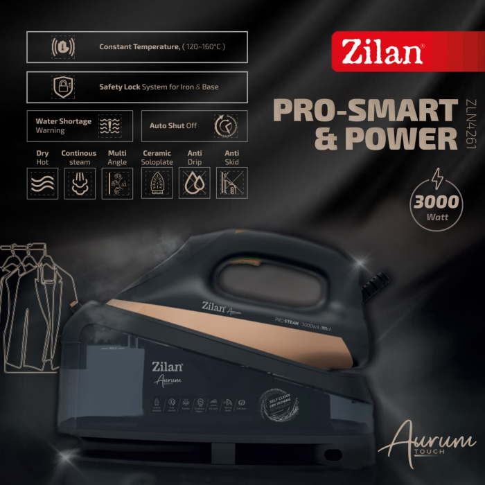 Fier de calcat Aurum cu statie Zilan ZLN4261 Negru, putere 3000W, incalzire in 35 secunde, sistem de auto oprire [2]