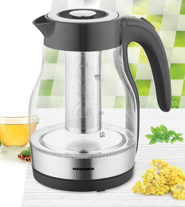 Fierbator electric cu filtru ceai Heinner HEK-TF2200GBK, 1850-2200w, 1.7l, filtru detasabil, Negru [2]