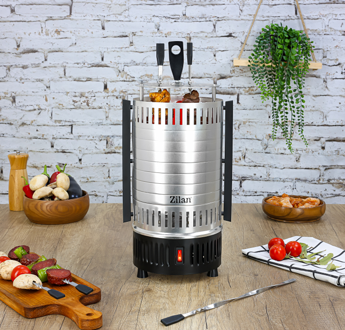 Gratar vertical Zilan ZLN5565 argintiu, putere 900W, rotatie automata, 5 bete pentru frigarui [5]