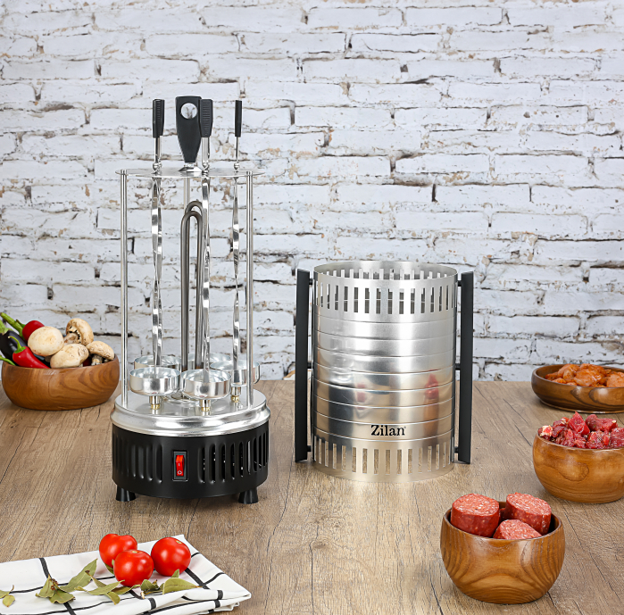 Gratar vertical Zilan ZLN5565 argintiu, putere 900W, rotatie automata, 5 bete pentru frigarui [13]