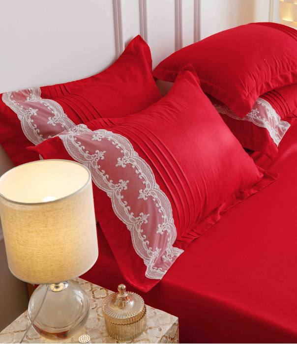 Lenjerie pat dublu, Inimi Brodate,  6 Piese, Finet Premium - Rosu [2]