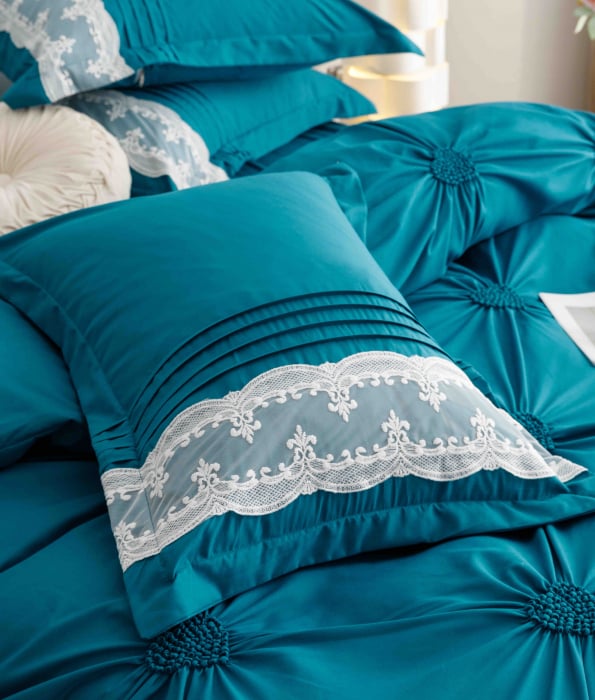 Lenjerie pat dublu, Inimi Brodate,  6 Piese, Finet Premium - Turcoaz [5]
