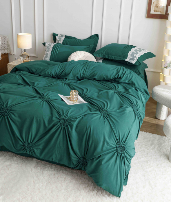 Lenjerie pat dublu, Inimi Brodate,  6 Piese, Finet Premium - Verde [1]
