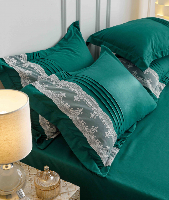 Lenjerie pat dublu, Inimi Brodate,  6 Piese, Finet Premium - Verde [2]