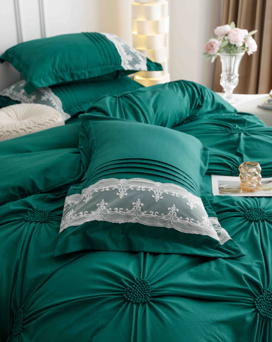 Lenjerie pat dublu, Inimi Brodate,  6 Piese, Finet Premium - Verde [5]