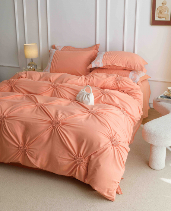 Lenjerie pat dublu, Inimi Brodate,  6 Piese, Finet Premium - Peach [1]