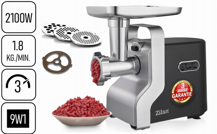 Masina de tocat carne multifunctionala ZILAN ZLN0126, Negru/Gri 2100 W, 3 viteze, Accesorii pentru feliat legume, Accesoriu pentru carnati, Accesorii pentru feliere si maruntire, Cutit inox, [6]