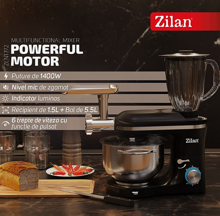 Mixer, blender si masina de tocat 3 in 1 Zilan ZLN1772 Negru, 6+1 nivele de control al vitezei, 1400W [10]