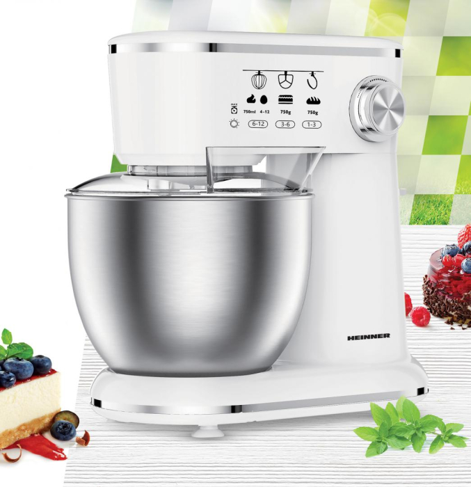 Mixer planetar Heinner HPM-1000WHCH, 1000W, Bol Inox: 5L, 10 viteze, capac transparent protectie, Alb [3]