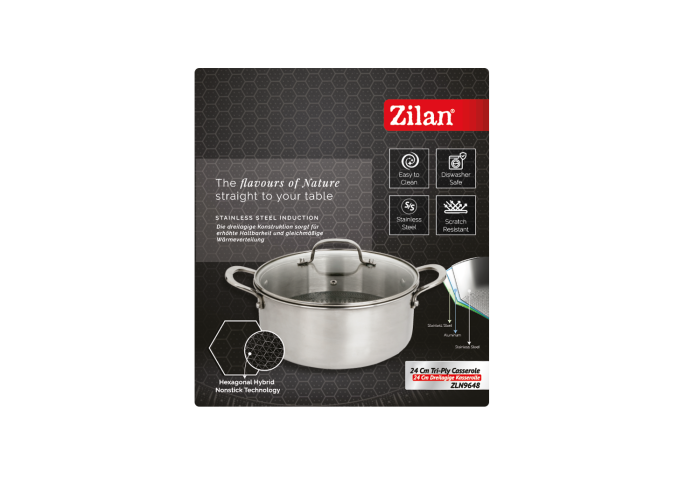 Oala Zilan ZLN9648 cu capac, tri-ply, inox, antiaderent, protectie la zgarieturi, usor de spalat, 24 cm,4.3L [5]