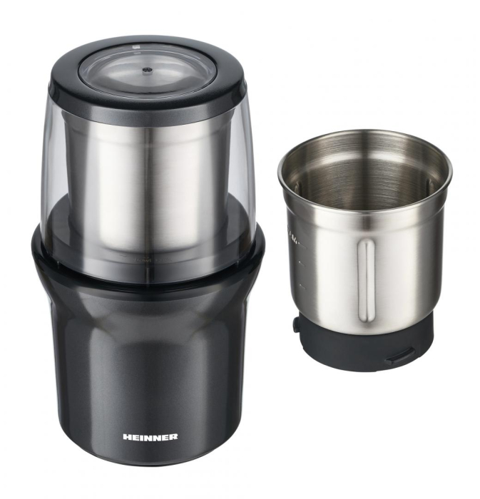 Rasnita electrica Heinner HCG-200DGIX2, rasnire umeda si uscata, 200 W, 70g, 2 recipiente, carcasa inox, Gri [4]