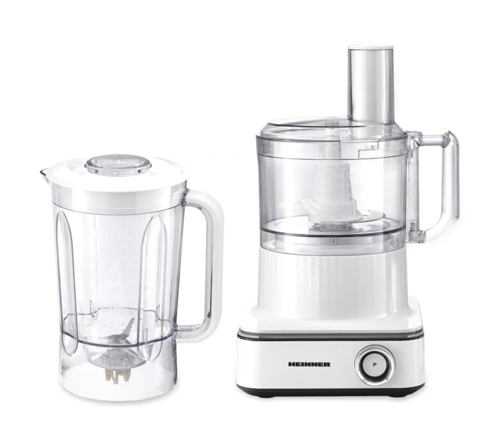 Robot de bucatarie Heinner FineGourmet FHP-K1000WP, 1000W, 6 viteze+pulse, bol procesare: 2.3L, lame inox, disc framantare, 3 lame feliere, disc emulsifiere, cana plastic 1.5l, storcator citrice, alb [2]