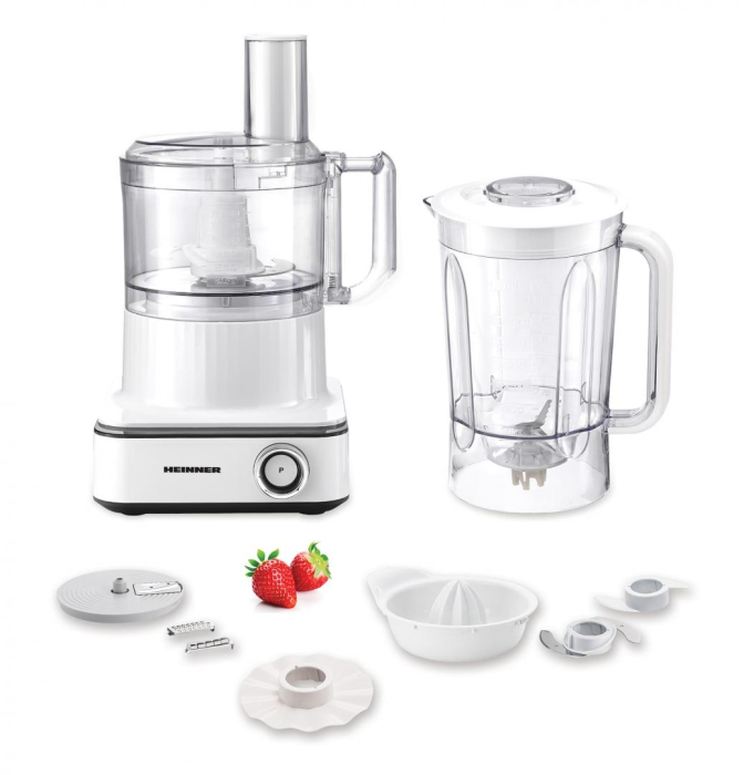 Robot de bucatarie Heinner FineGourmet FHP-K1000WP, 1000W, 6 viteze+pulse, bol procesare: 2.3L, lame inox, disc framantare, 3 lame feliere, disc emulsifiere, cana plastic 1.5l, storcator citrice, alb [5]