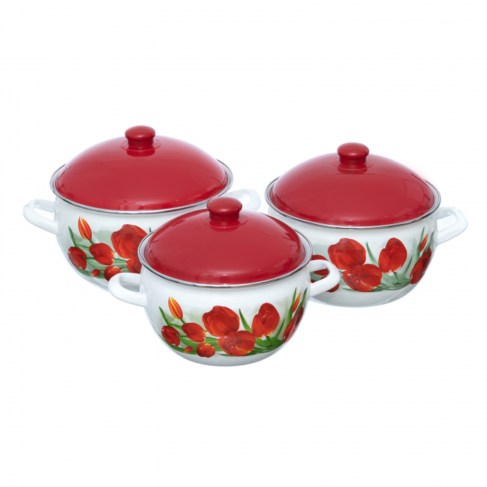Set 3 oale emailate cu capac Arian, cantitate 3,8 litri, 4,8 litri, 6,2 litri, Rosu [2]