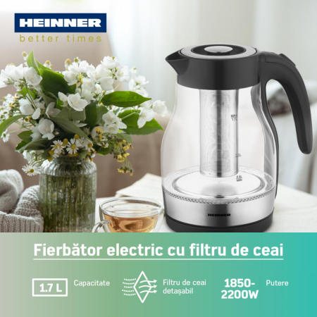 Fierbator electric cu filtru ceai Heinner HEK-TF2200GBK, 1850-2200w, 1.7l, filtru detasabil, Negru [2]