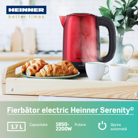 Fierbator electric Heinner HEK-2200RDSS, 2200W, 1.7L, Oprire automata, Rosu [2]