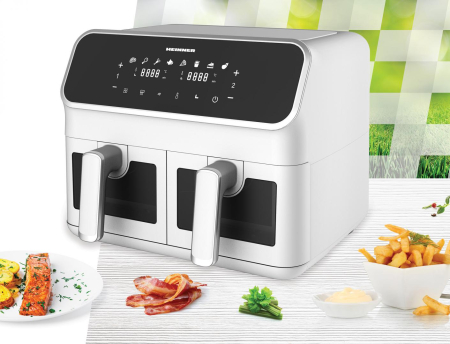Friteuza dubla cu aer cald Heinner DualFry Supreme HAF-H8DB17WH, 1700W, capacitate totala: 8L, display digital, control touch, control individual, 8 programe, functii SYNC & MATCH, ferestre supraveghe [2]