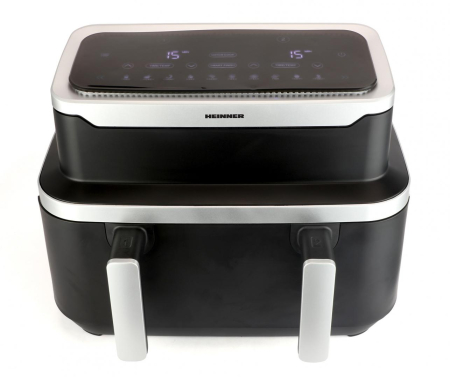 Friteuza dubla cu aer cald Heinner HAF-DDB9BK26, 2600W, capacitate: 9L, control digital individual, timer 60 min, 10 programe presetate, auto-oprire, negru [1]