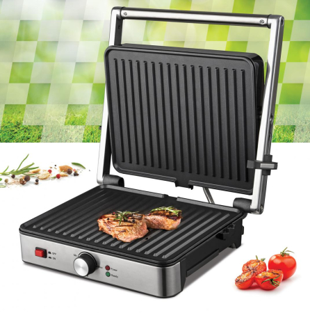 Aparate pentru gatit - Gratar electric Heinner SunsetGrill HEG-K2000SS, 2000W, Placi antiaderente, Temperatura reglabila, Deschidere 180˚, Tava colectare ulei