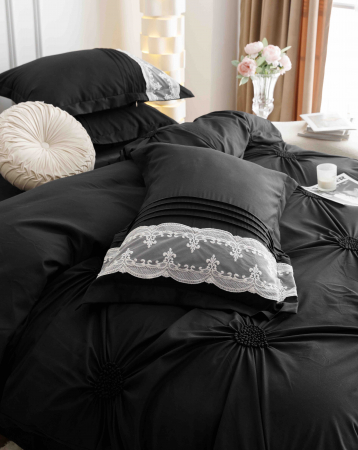 Lenjerie pat dublu, Inimi Brodate,  6 Piese, Finet Premium - Negru [4]