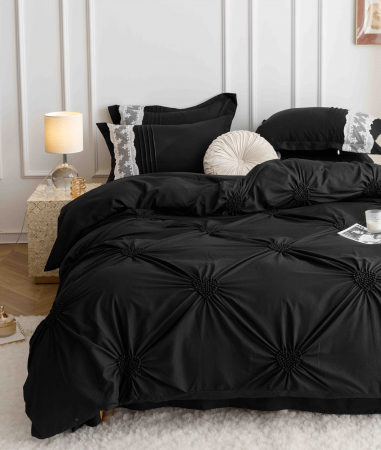 Lenjerie pat dublu, Inimi Brodate,  6 Piese, Finet Premium - Negru [3]
