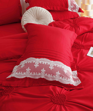Lenjerie pat dublu, Inimi Brodate,  6 Piese, Finet Premium - Rosu [4]