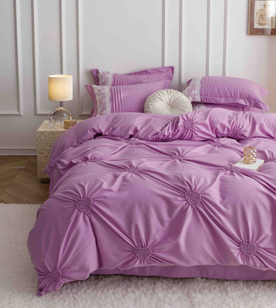 Lenjerie pat dublu, Inimi Brodate,  6 Piese, Finet Premium - Roz [3]