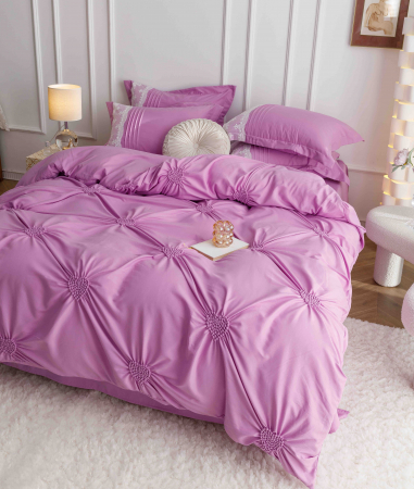 LenjeriI De Pat - Lenjerie pat dublu, Inimi Brodate,  6 Piese, Finet Premium - Roz