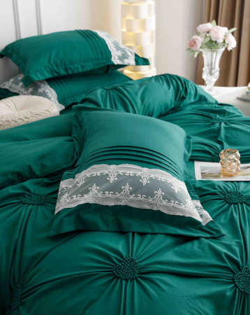 Lenjerie pat dublu, Inimi Brodate,  6 Piese, Finet Premium - Verde [4]
