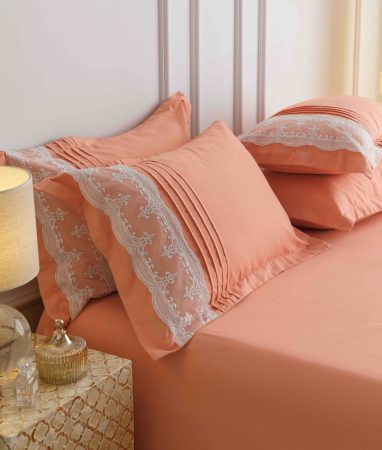 Lenjerie pat dublu, Inimi Brodate,  6 Piese, Finet Premium - Peach [1]