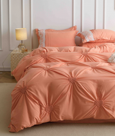 Lenjerie pat dublu, Inimi Brodate,  6 Piese, Finet Premium - Peach [3]