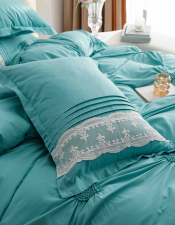 Lenjerie pat dublu, Inimi Brodate,  6 Piese, Finet Premium - Verde deschis [4]