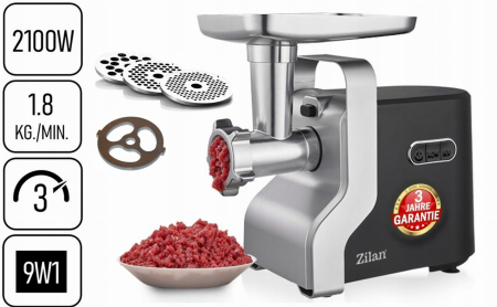 Masina de tocat carne multifunctionala ZILAN ZLN0126, Negru/Gri 2100 W, 3 viteze, Accesorii pentru feliat legume, Accesoriu pentru carnati, Accesorii pentru feliere si maruntire, Cutit inox, [5]