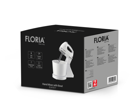 Mixer cu bol Floria ZLN7577 ALB, 7 viteze, Bol plastic 2 Litri, Putere 150W, ALB [1]