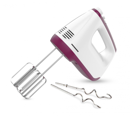 Mixer de mana Heinner HM-400BG, putere: 400w, 2 teluri si 2 carlige din inox, 6 viteze + turbo, self stand, alb/burgundy [1]