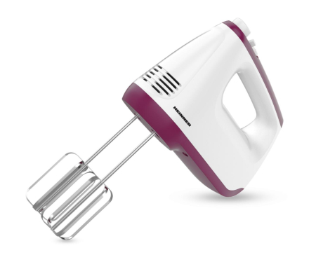 Mixere - Mixer de mana Heinner HM-400BG, putere: 400w, 2 teluri si 2 carlige din inox, 6 viteze + turbo, self stand, alb/burgundy
