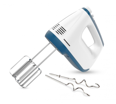 Mixere - Mixer de mana Heinner HM-400BL, 400 w, 2 teluri si 2 carlige din inox, 6 viteze + turbo, self stand, alb/albastru