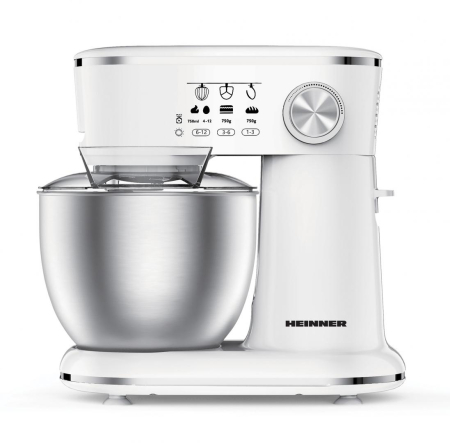 Mixere - Mixer planetar Heinner HPM-1000WHCH, 1000W, Bol Inox: 5L, 10 viteze, capac transparent protectie, Alb