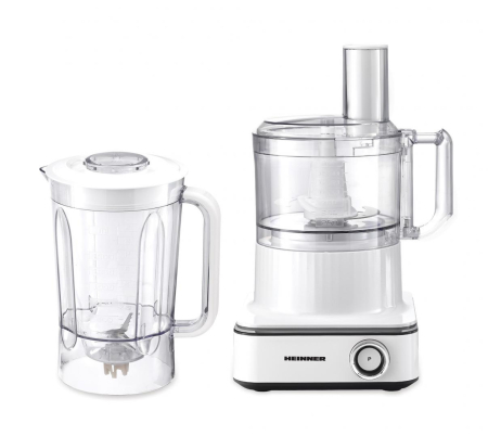 Robot de bucatarie Heinner FineGourmet FHP-K1000WP, 1000W, 6 viteze+pulse, bol procesare: 2.3L, lame inox, disc framantare, 3 lame feliere, disc emulsifiere, cana plastic 1.5l, storcator citrice, alb [1]