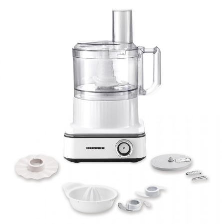 Robot de bucatarie Heinner FineGourmet FHP-K1000WP, 1000W, 6 viteze+pulse, bol procesare: 2.3L, lame inox, disc framantare, 3 lame feliere, disc emulsifiere, cana plastic 1.5l, storcator citrice, alb [2]