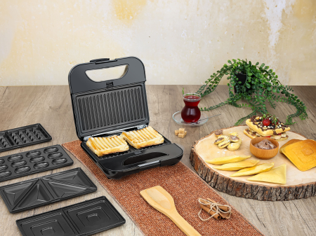 Sandwich-maker ZILAN 5 in 1 ZLN3932, Negru/Inox 800 W, 5 tipuri de placi grill, triunghi, sandwich, waffle, nuci, [12]
