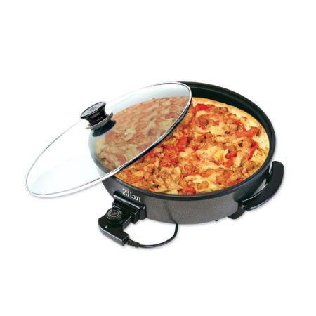 Tigai - Tigaie electrica rotunda ZİLAN ZLN7870, pizza grill, diametru 38 cm, 1500 W, capac sticla, material non stick